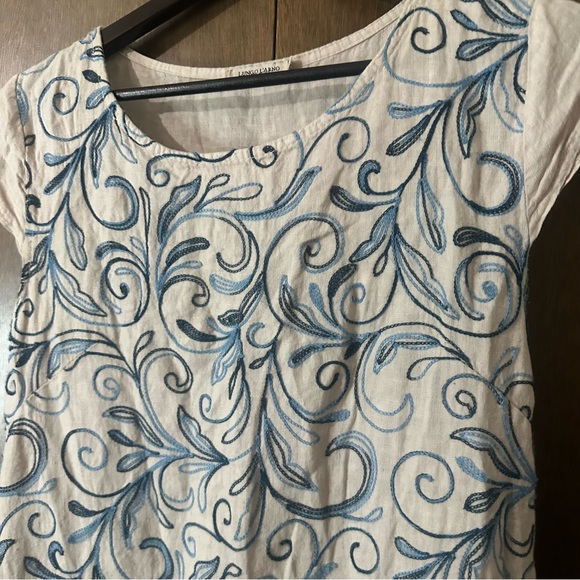 Lungo L’Arno Cream Linen Blue Paisley Swirl Midi Dress Size Medium Boho - Picture 4 of 11